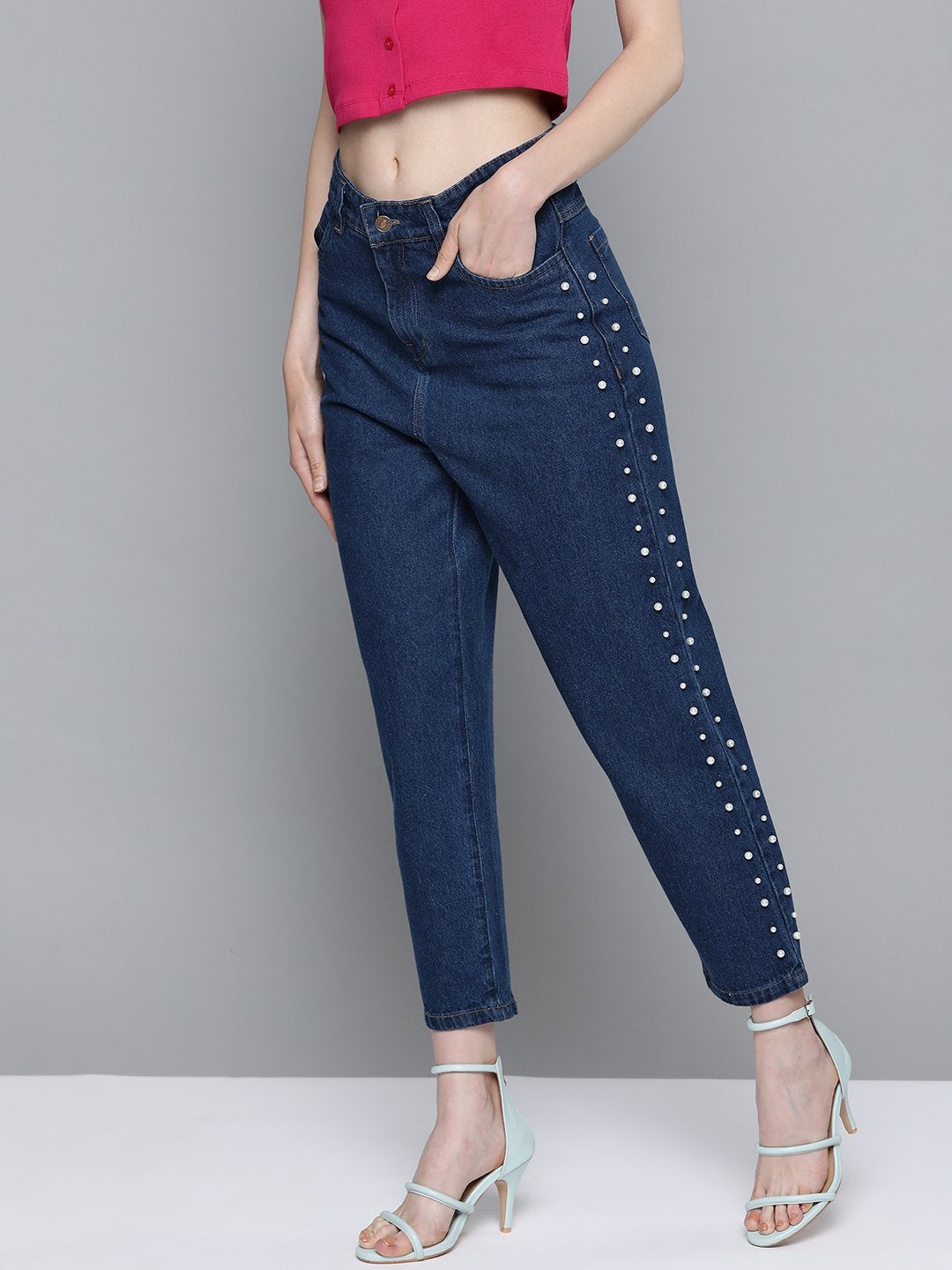 Women's Navy Side Pearl Detail Slouchy Jeans - SASSAFRAS