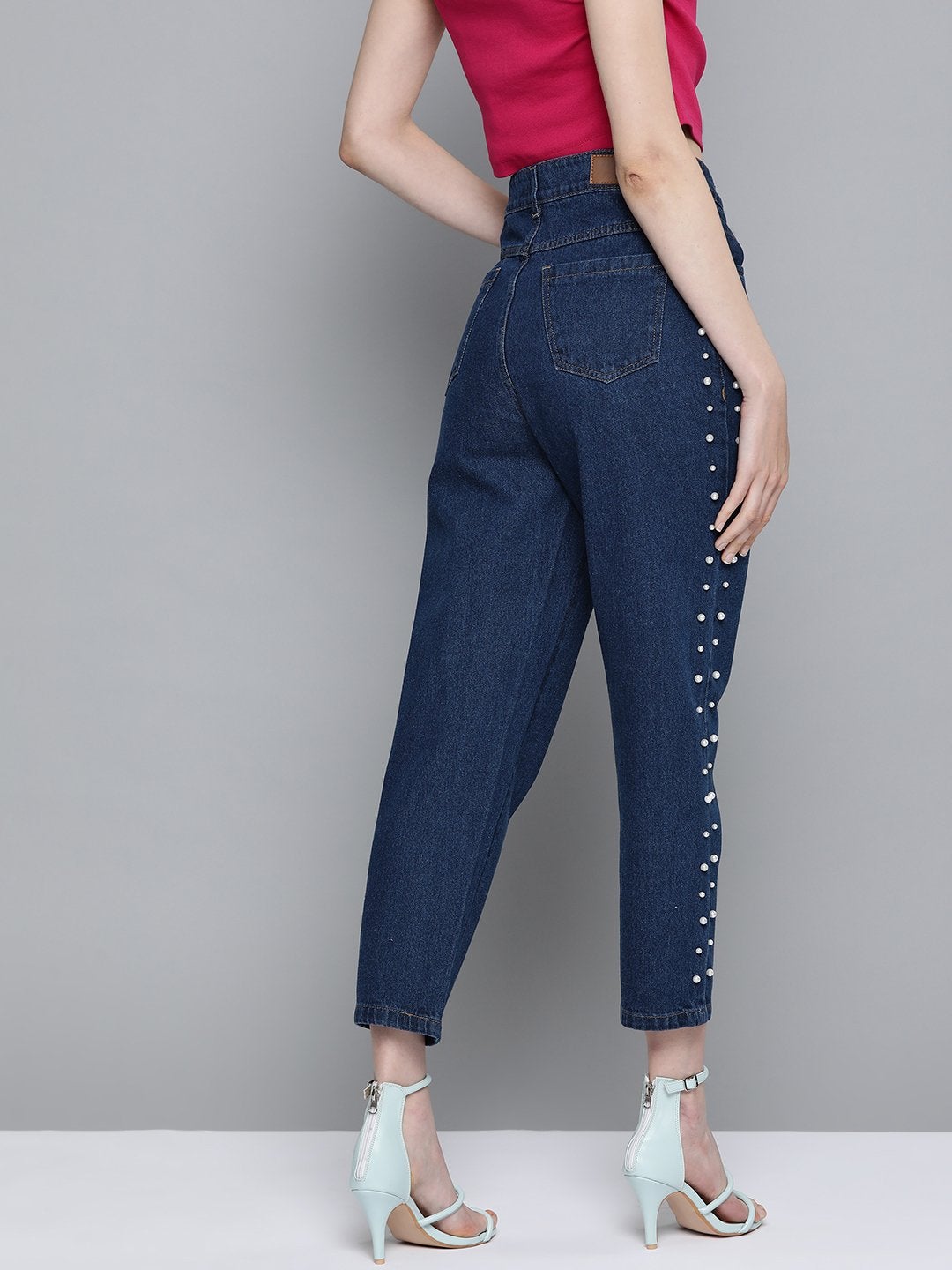 Women's Navy Side Pearl Detail Slouchy Jeans - SASSAFRAS