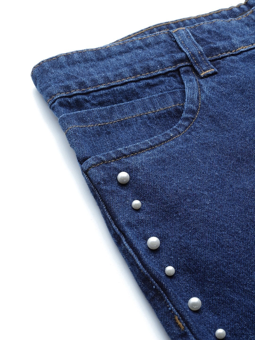 Women's Navy Side Pearl Detail Slouchy Jeans - SASSAFRAS
