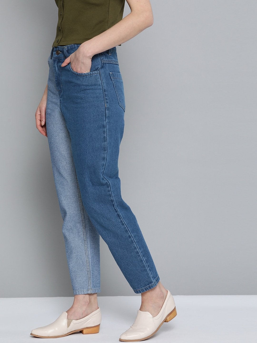 Women's Blue & Navy Color Block Slouchy Jeans - SASSAFRAS