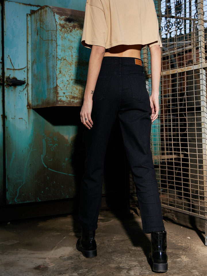 Women's Black Denim Front Patch Pocket Jeans - SASSAFRAS