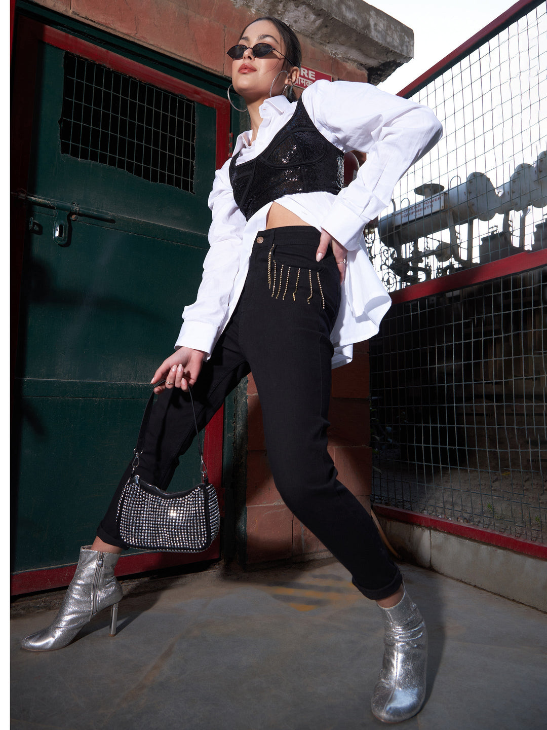 Women's Black Diamante High Waist Skinny Fit Jeans - SASSAFRAS