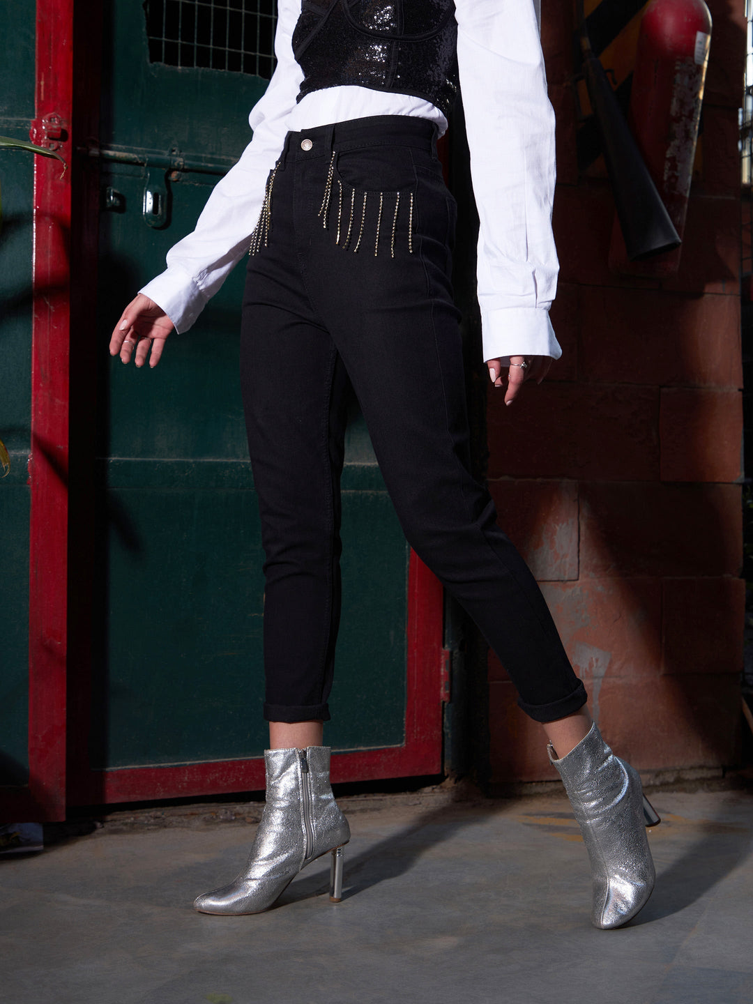 Women's Black Diamante High Waist Skinny Fit Jeans - SASSAFRAS