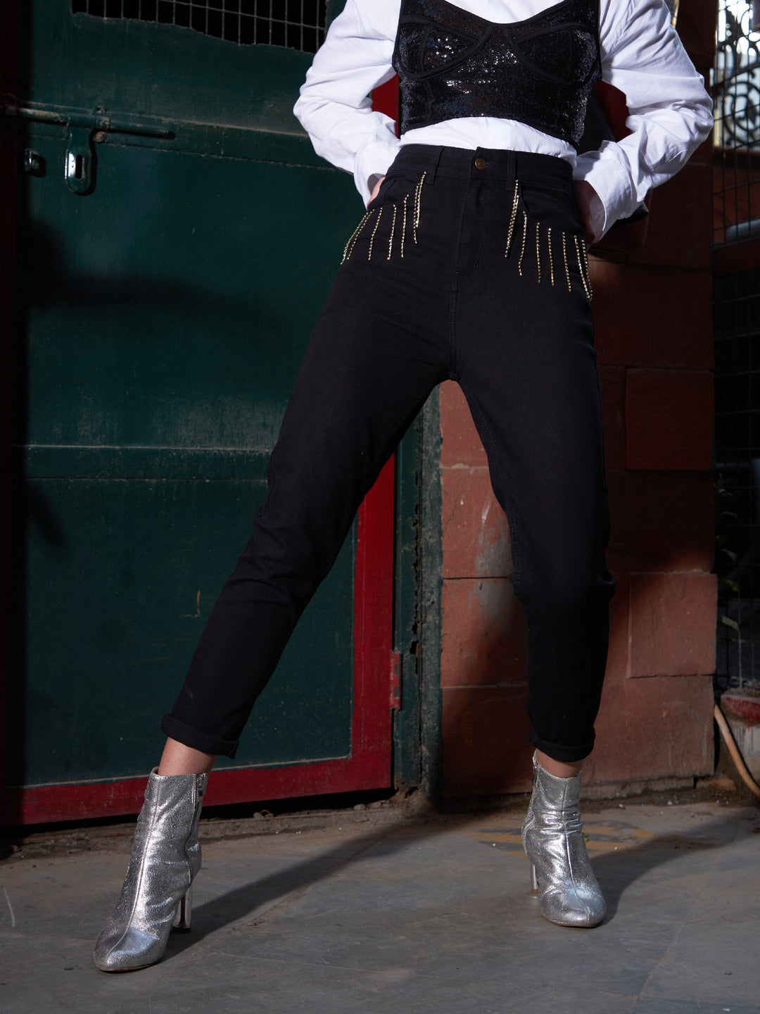 Women's Black Diamante High Waist Skinny Fit Jeans - SASSAFRAS