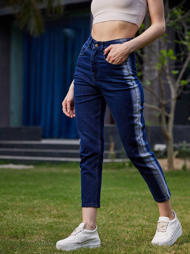 Women's Navy Side Wash Mom Fit Jeans - SASSAFRAS
