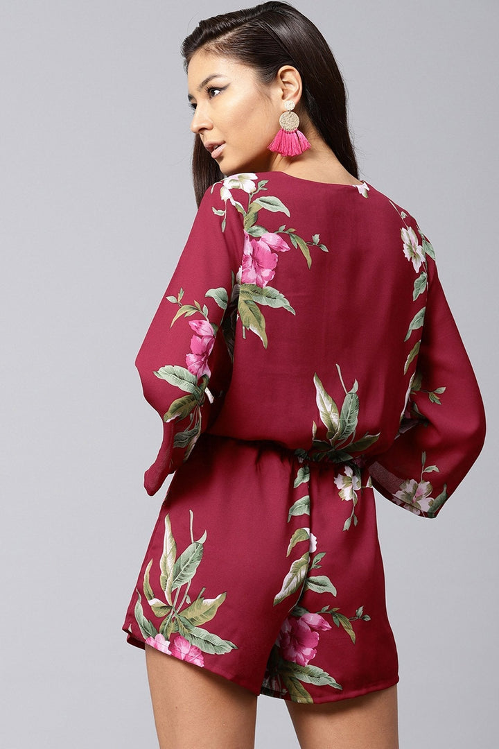 Women's Maroon Tropical Wrap Romper - SASSAFRAS