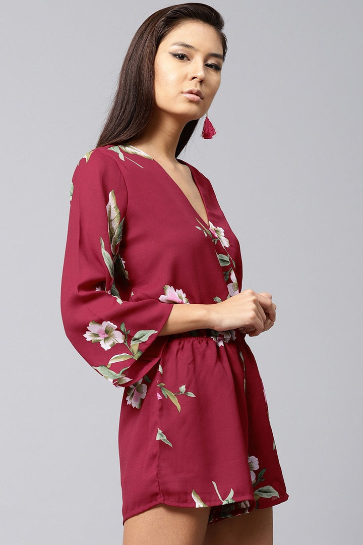 Women's Maroon Tropical Wrap Romper - SASSAFRAS