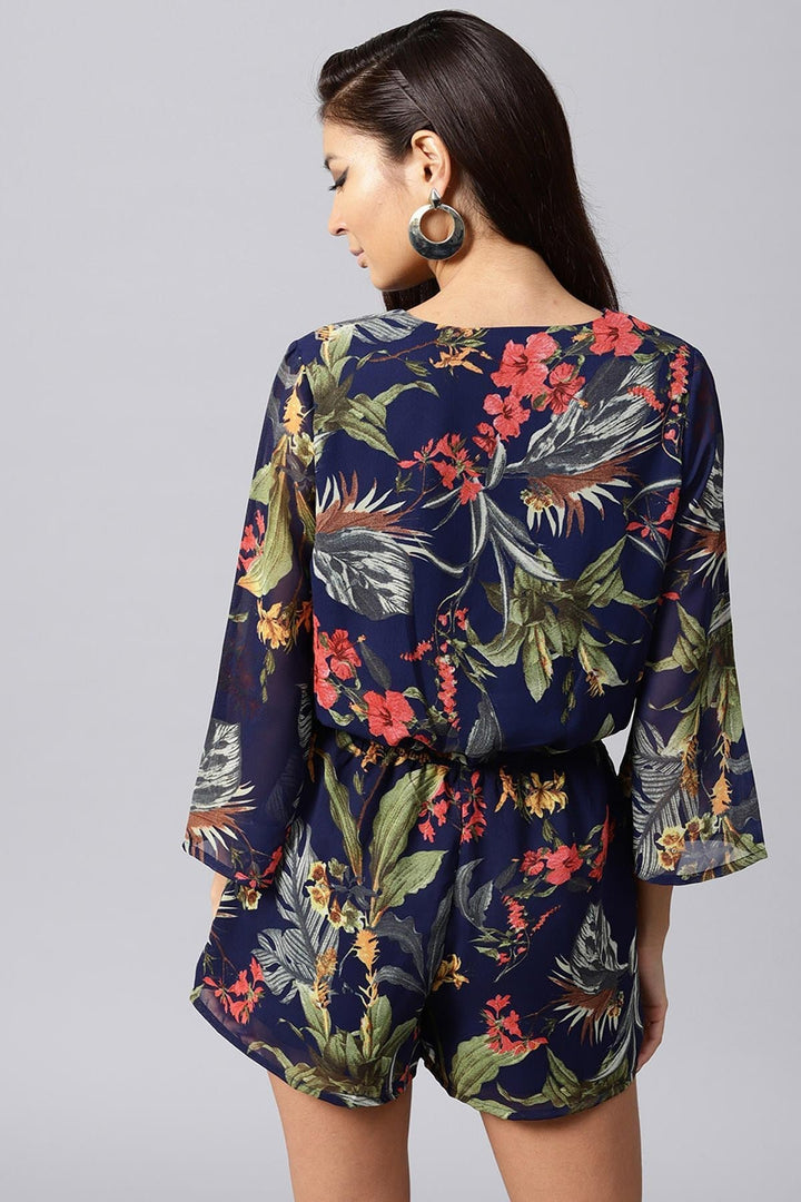 Women's Navy Tropical Wrap Romper - SASSAFRAS
