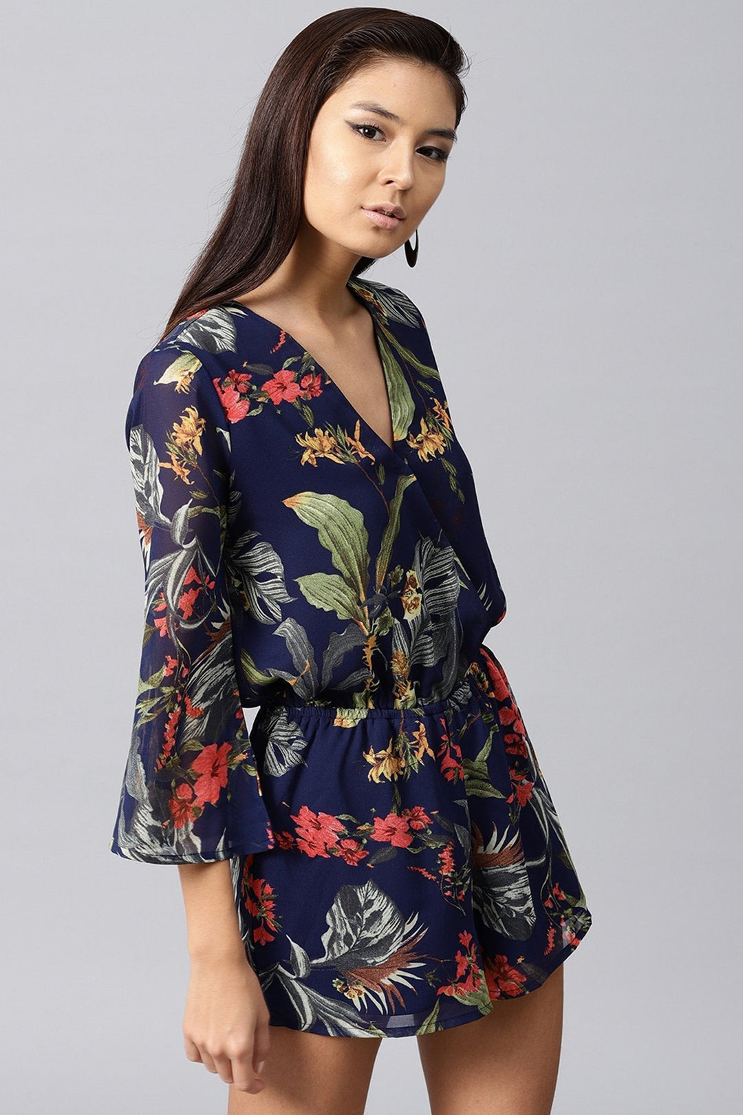 Women's Navy Tropical Wrap Romper - SASSAFRAS