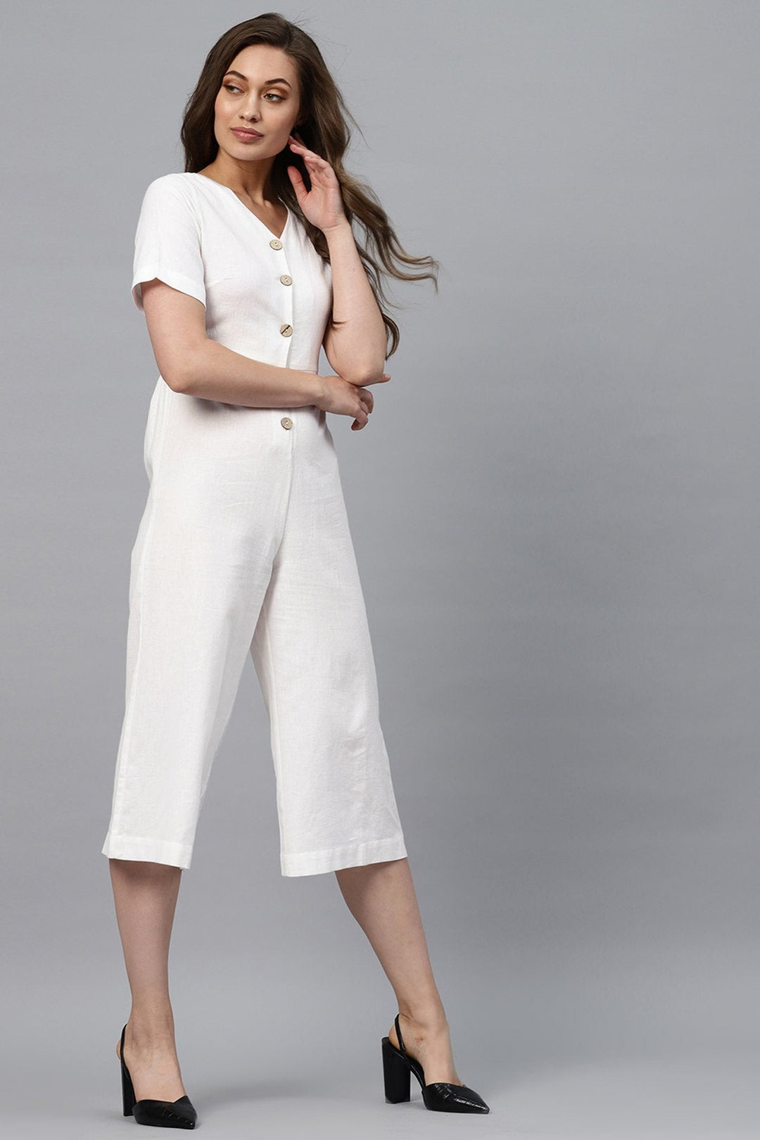 Women's White Front Button Culottes Jumpsuit - SASSAFRAS
