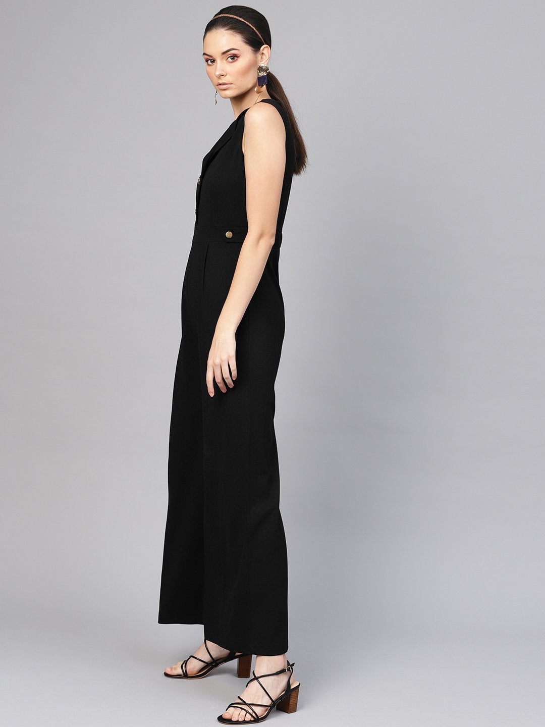 Women's Black Collared Flare Leg Jumpsuit - SASSAFRAS