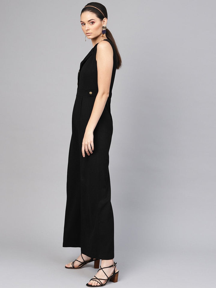 Women's Black Collared Flare Leg Jumpsuit - SASSAFRAS