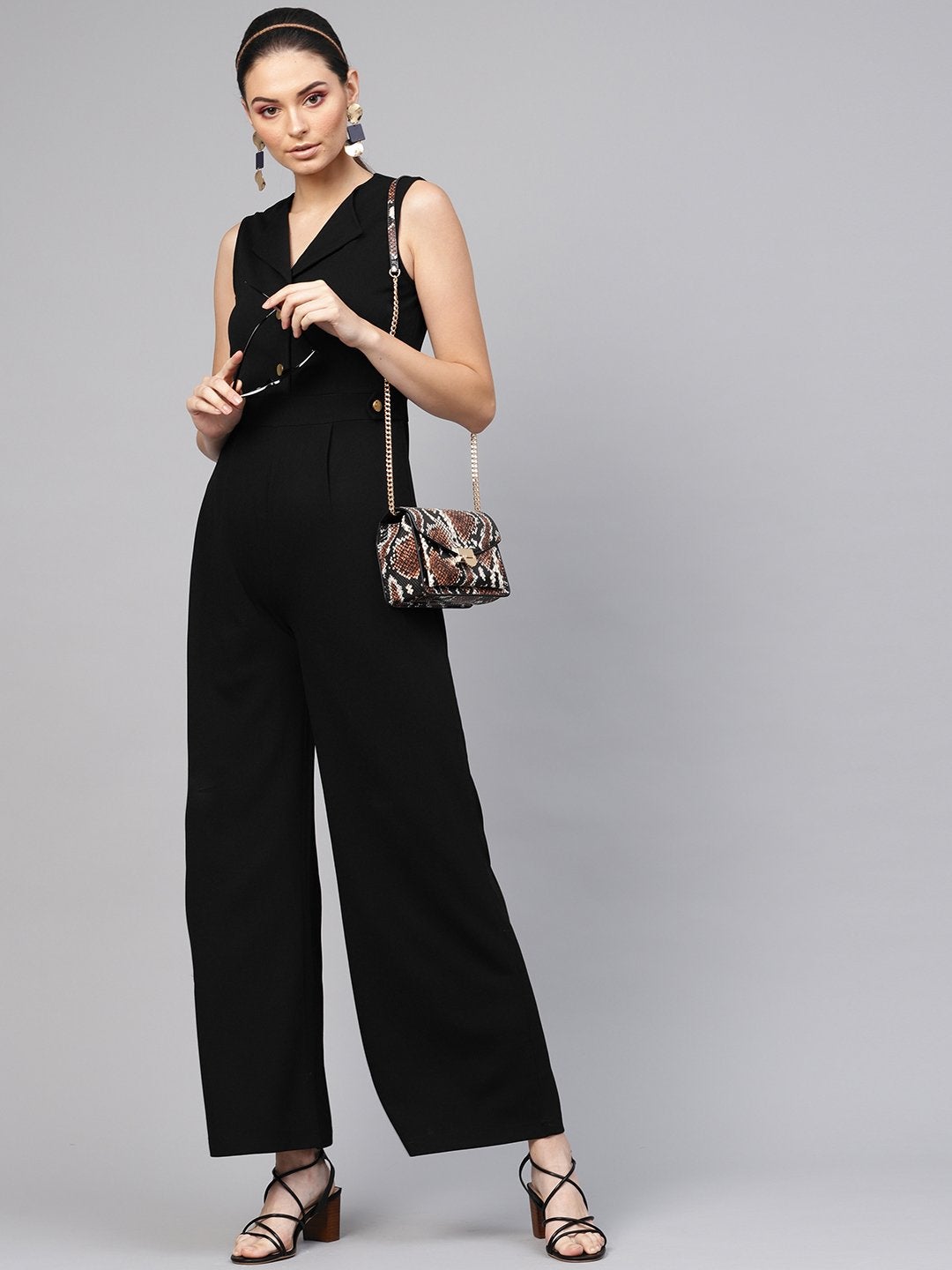 Women's Black Collared Flare Leg Jumpsuit - SASSAFRAS