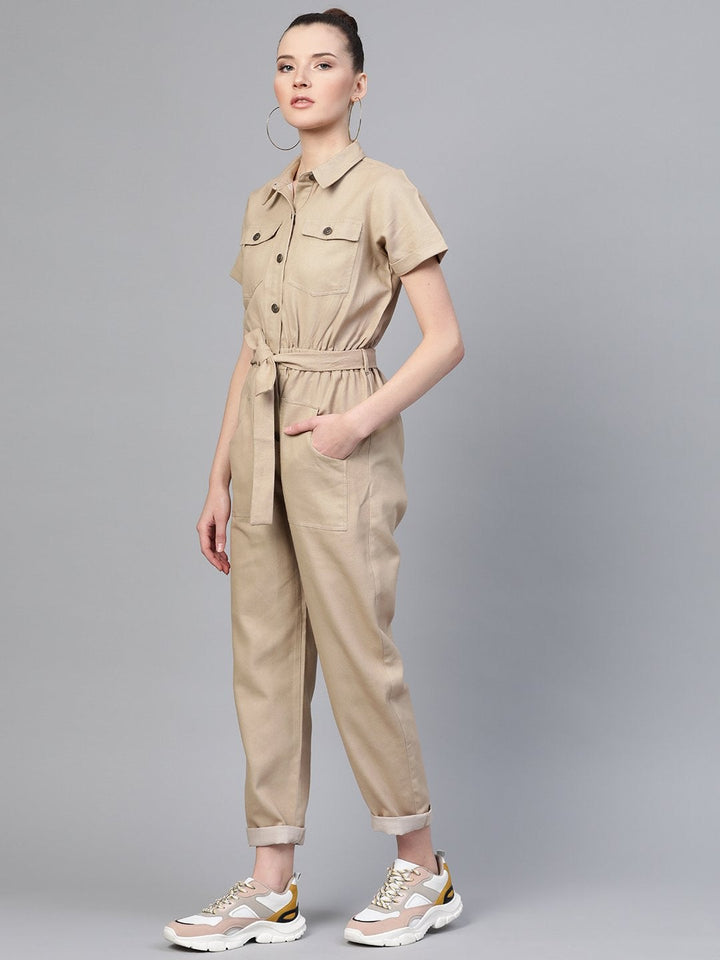 Women's Beige Belted Twill Tapered Jumpsuit - SASSAFRAS