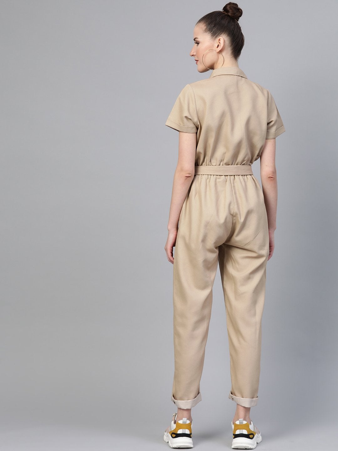 Women's Beige Belted Twill Tapered Jumpsuit - SASSAFRAS