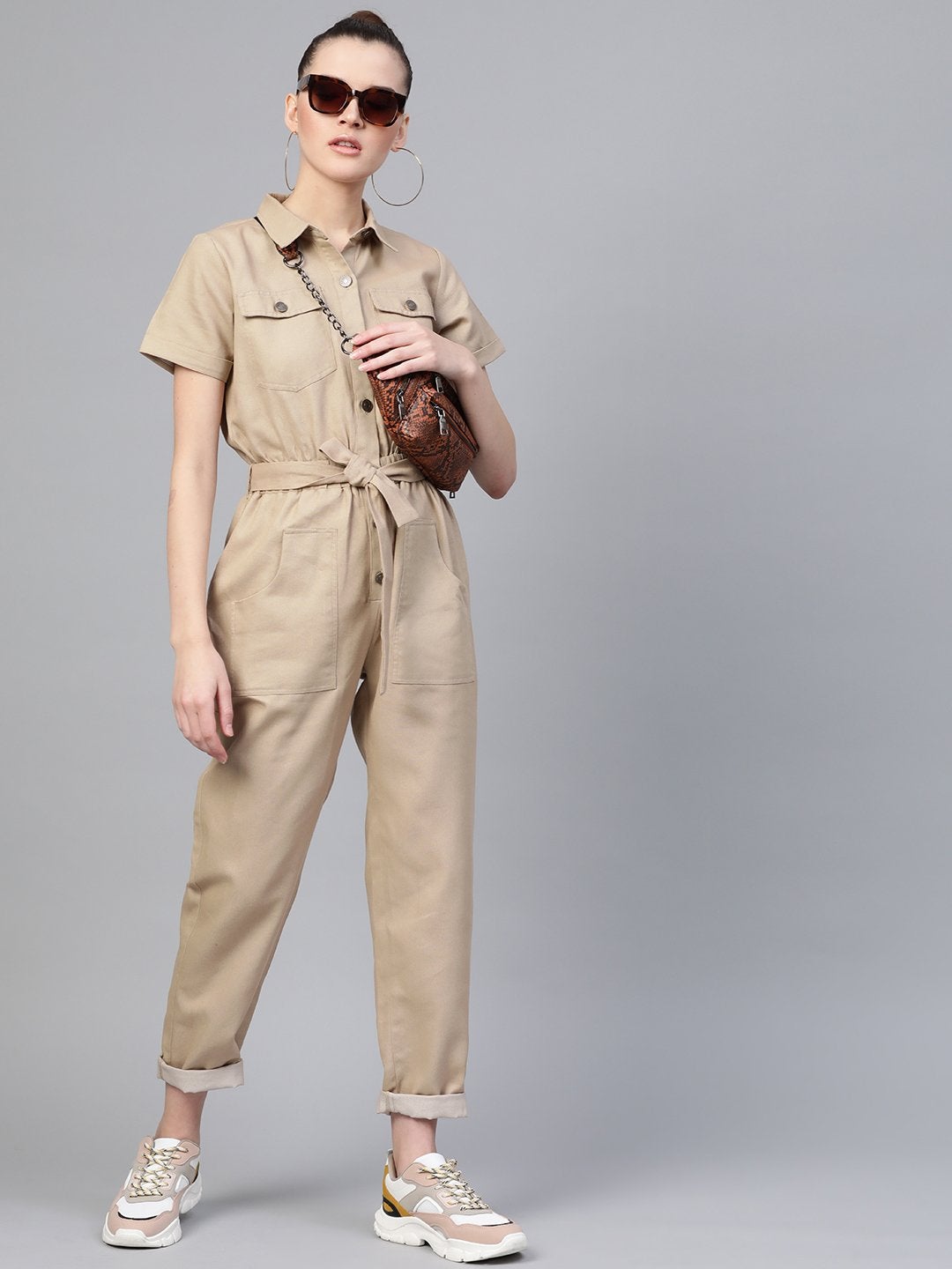 Women's Beige Belted Twill Tapered Jumpsuit - SASSAFRAS