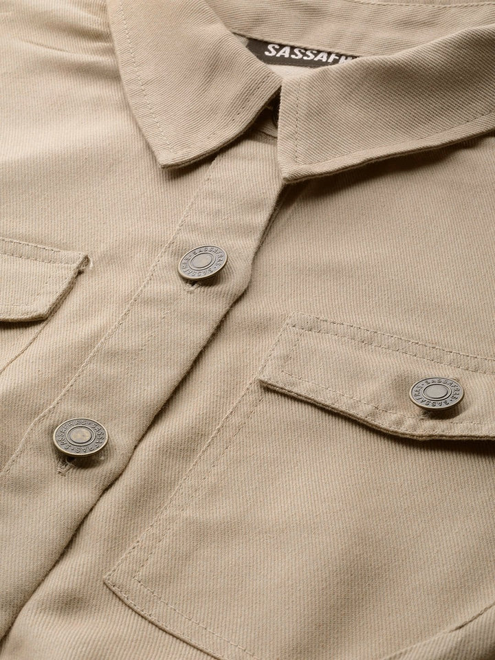 Women's Beige Belted Twill Tapered Jumpsuit - SASSAFRAS