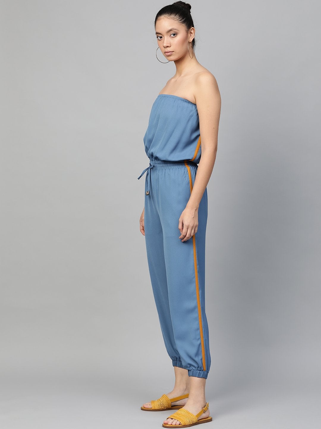 Women's Teal Blue Side Tape Tube Bardot Jampsuit - SASSAFRAS