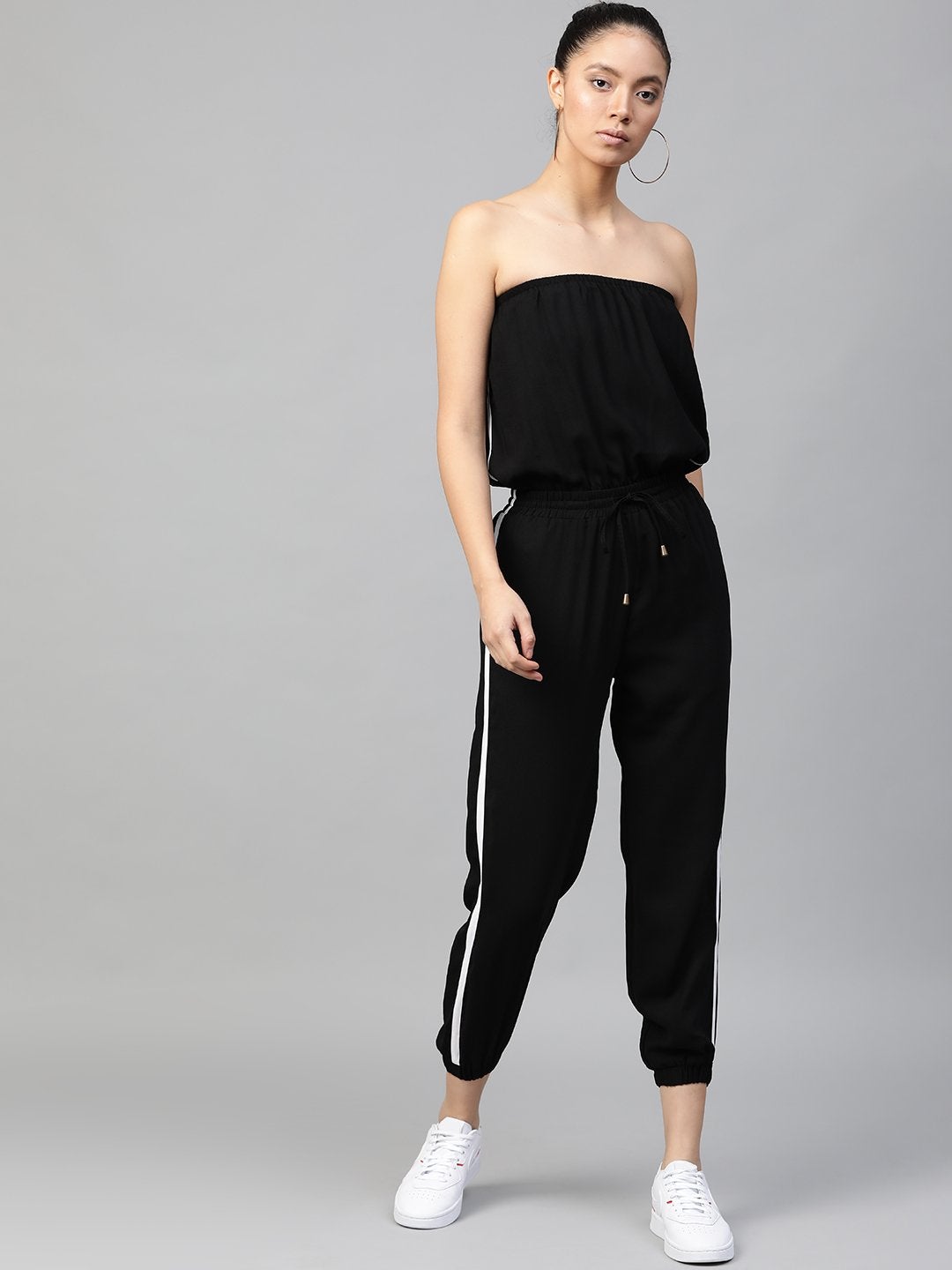 Women's Black Side Tape Tube Bardot Jumpsuit - SASSAFRAS