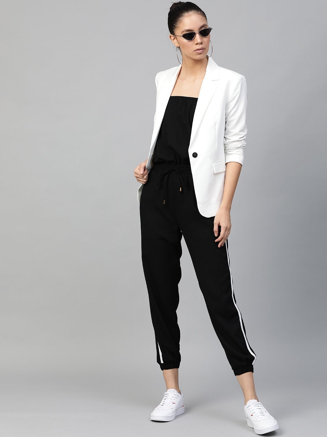 Women's Black Side Tape Tube Bardot Jumpsuit - SASSAFRAS