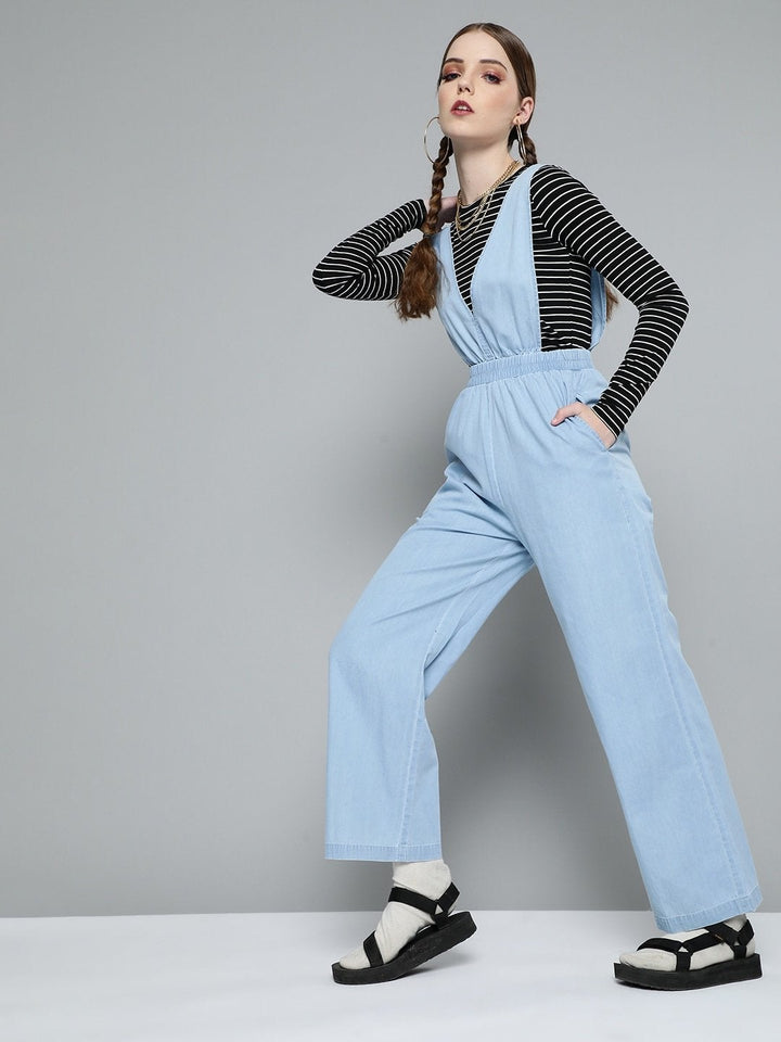 Women's Ice Blue V-Neck Tencel Dungaree - SASSAFRAS