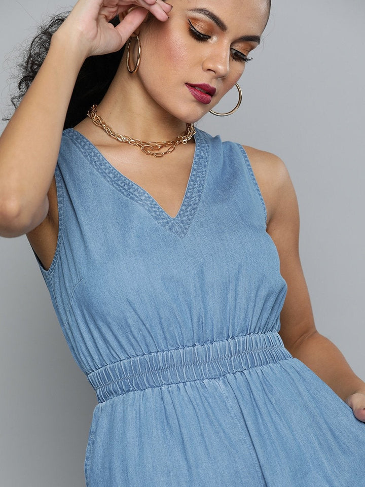 Women's Blue Sleeveless Tencel Jumpsuit - SASSAFRAS