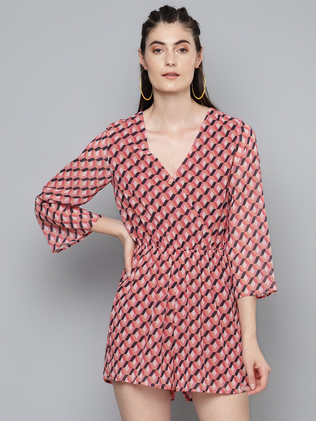 Women's Orange Geo Wrap Romper - SASSAFRAS