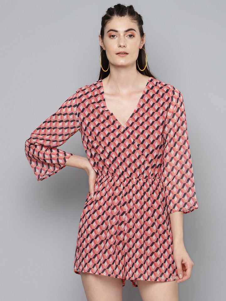 Women's Orange Geo Wrap Romper - SASSAFRAS