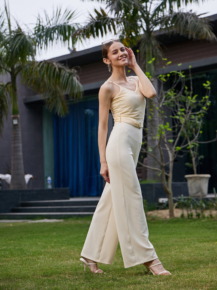 Women's Cream Strappy V Neck Jumpsuit - SASSAFRAS