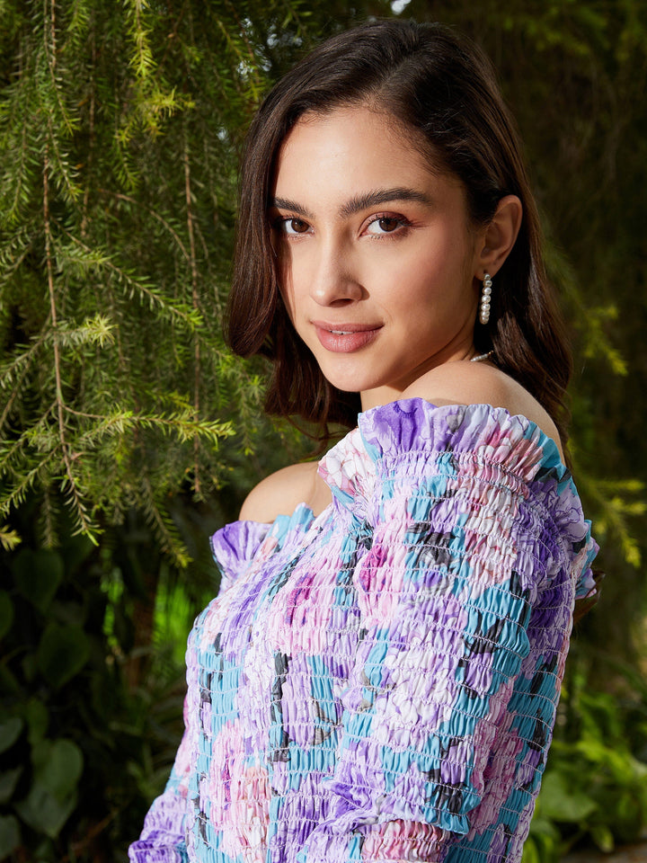 Women's Turquoise Floral Off Shoulder Smoked Playsuit - SASSAFRAS