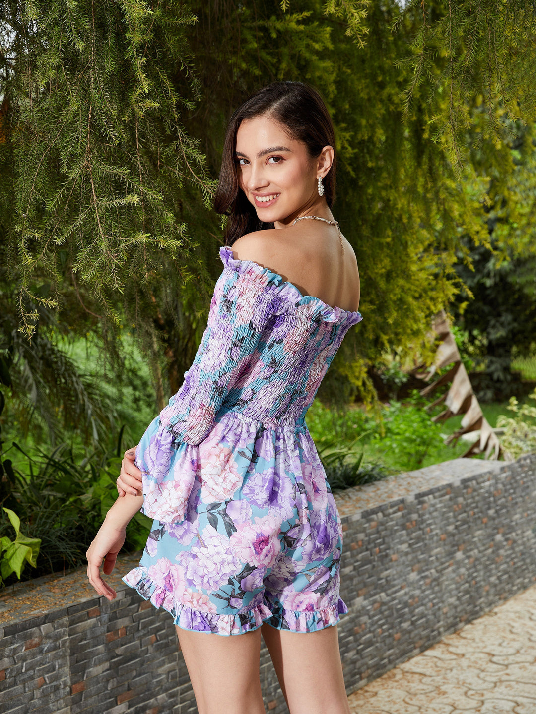 Women's Turquoise Floral Off Shoulder Smoked Playsuit - SASSAFRAS