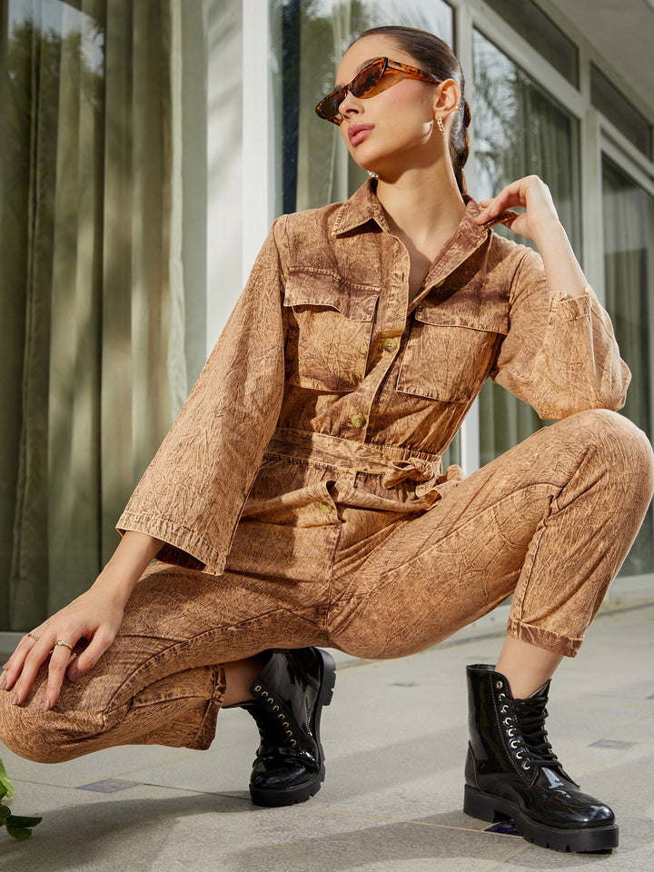 Women's Brown Washed Front Button Cargo Jumpsuit - SASSAFRAS