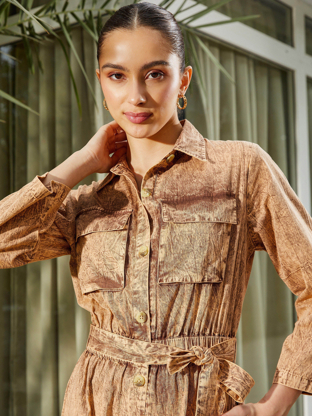 Women's Brown Washed Front Button Cargo Jumpsuit - SASSAFRAS