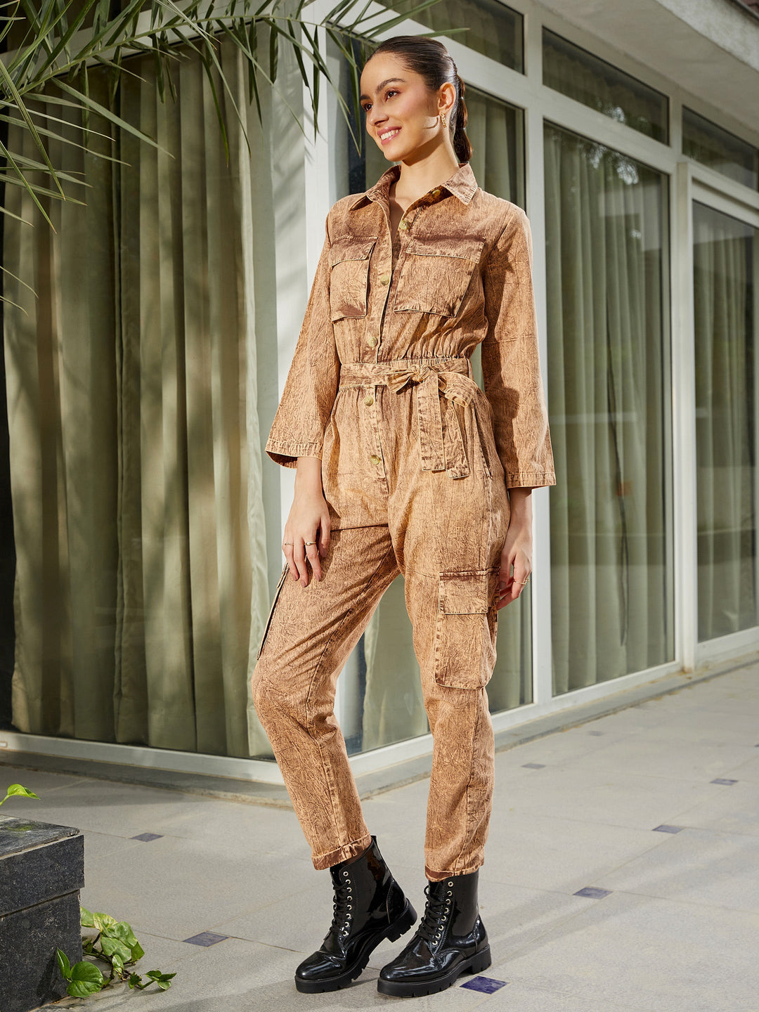 Women's Brown Washed Front Button Cargo Jumpsuit - SASSAFRAS