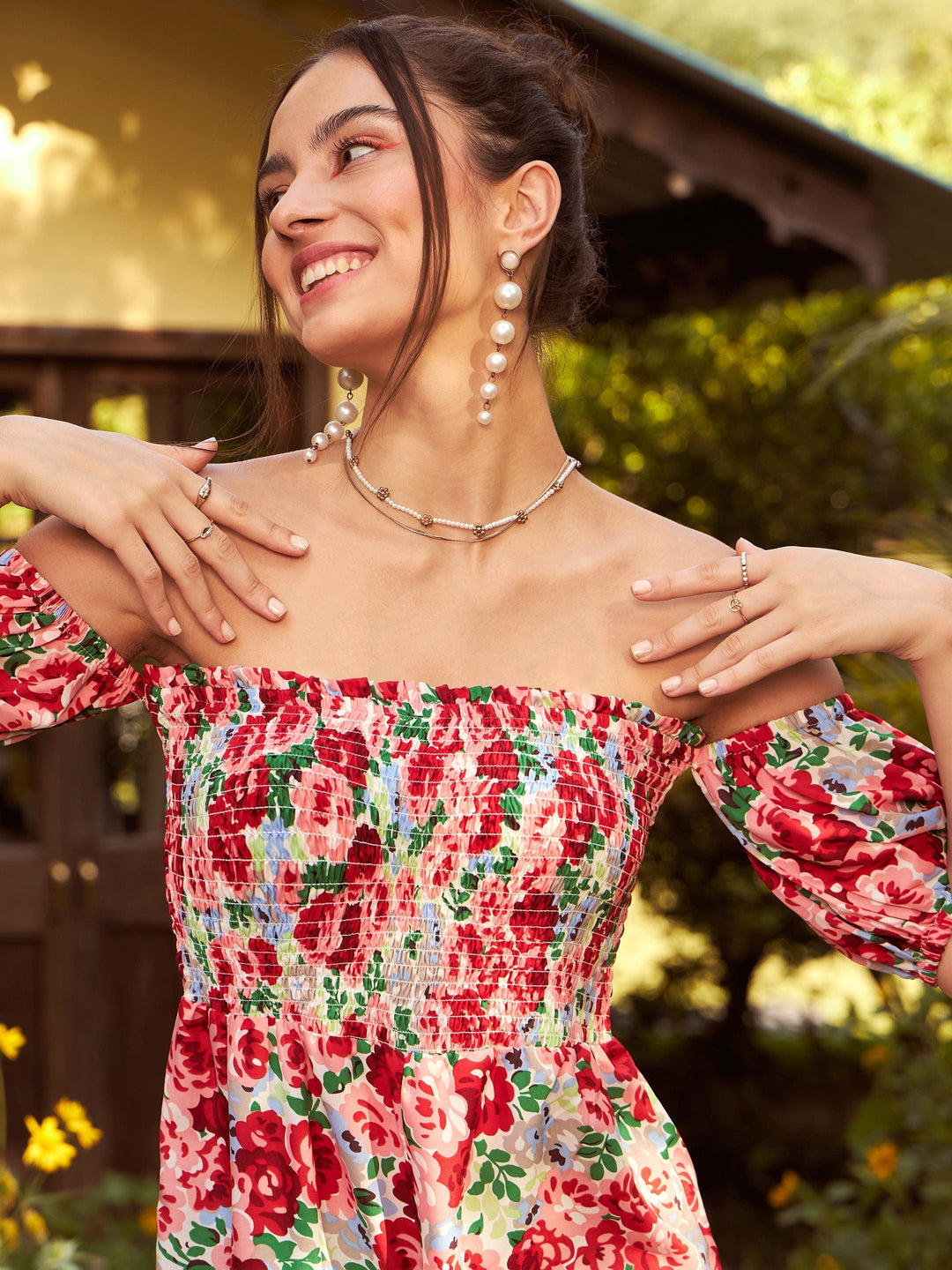 Women's Red Floral Smoked Off Shoulder Playsuit - SASSAFRAS