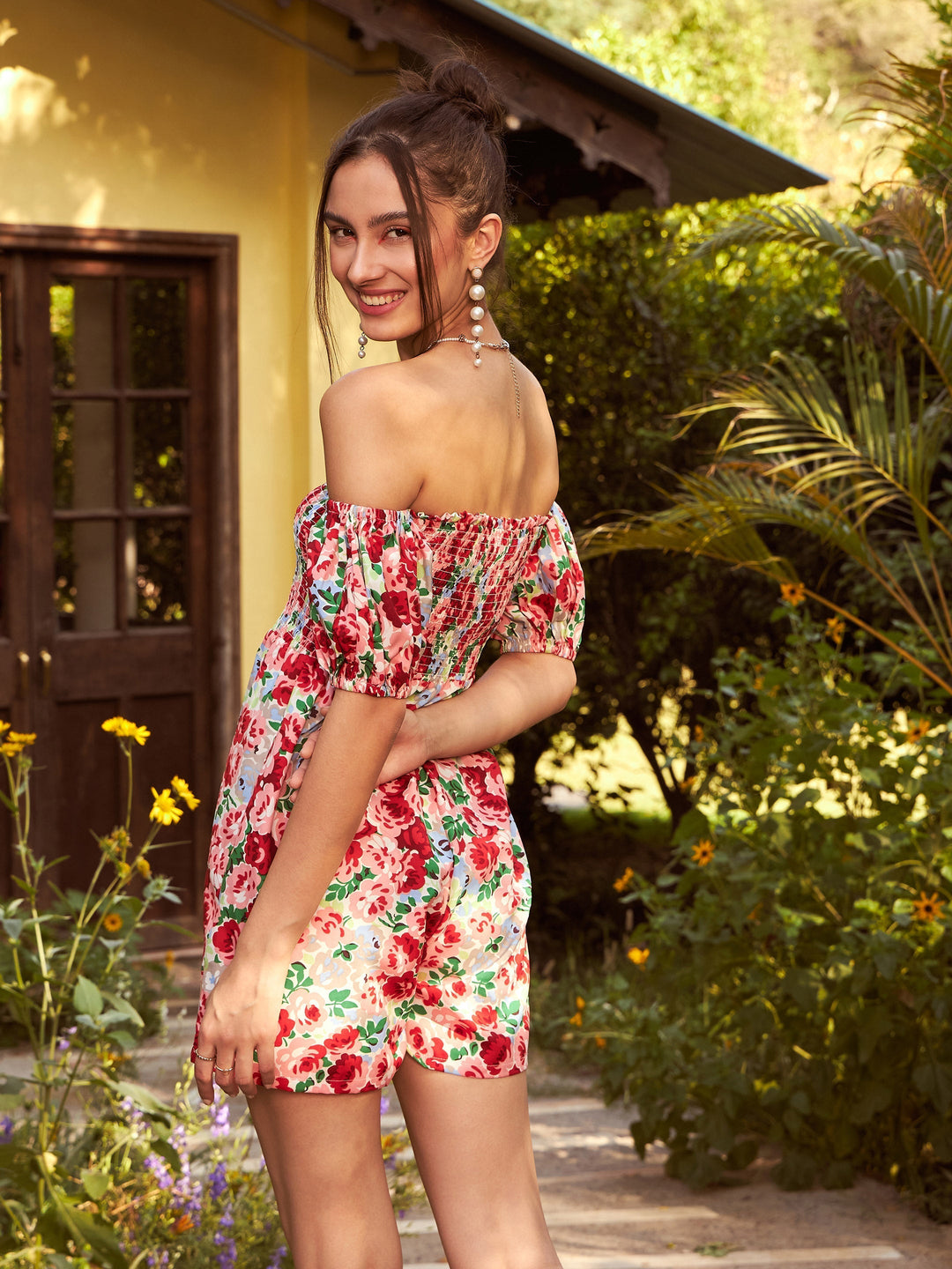 Women's Red Floral Smoked Off Shoulder Playsuit - SASSAFRAS