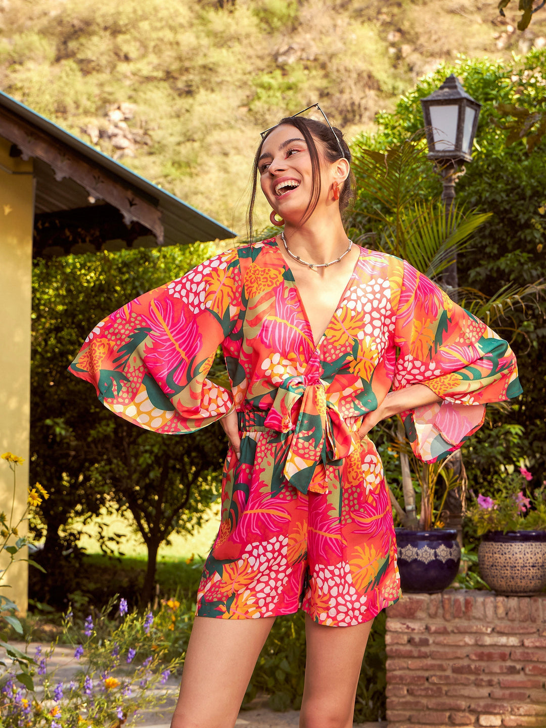 Women's Orange Floral Front Tie Knot Playsuit - SASSAFRAS