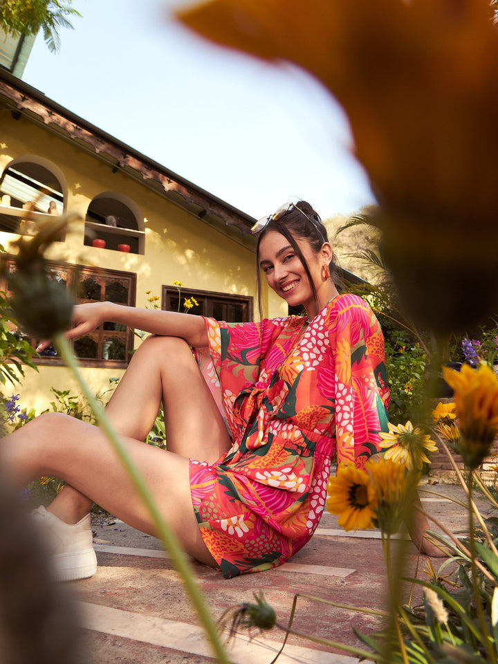 Women's Orange Floral Front Tie Knot Playsuit - SASSAFRAS