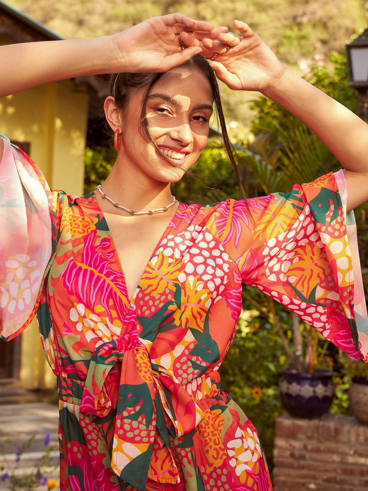 Women's Orange Floral Front Tie Knot Playsuit - SASSAFRAS