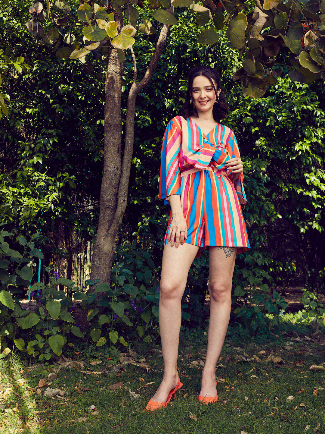 Women's Multi Stripe Front Tie Knot Playsuit - SASSAFRAS