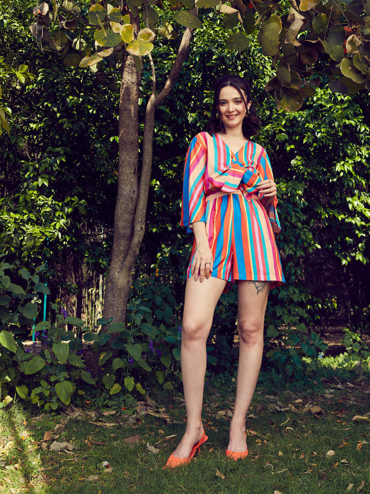 Women's Multi Stripe Front Tie Knot Playsuit - SASSAFRAS
