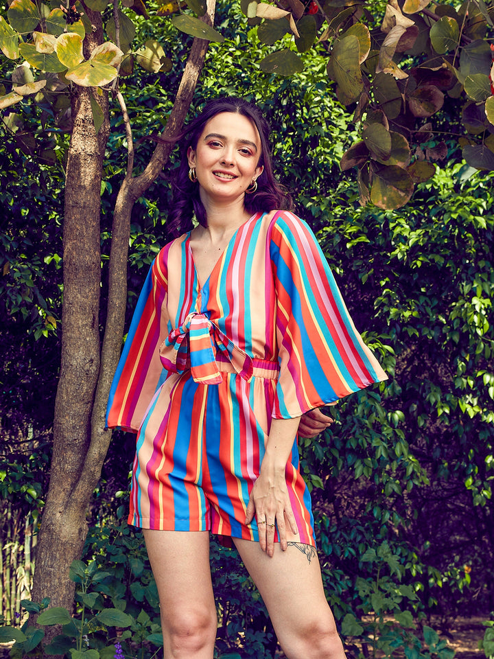 Women's Multi Stripe Front Tie Knot Playsuit - SASSAFRAS