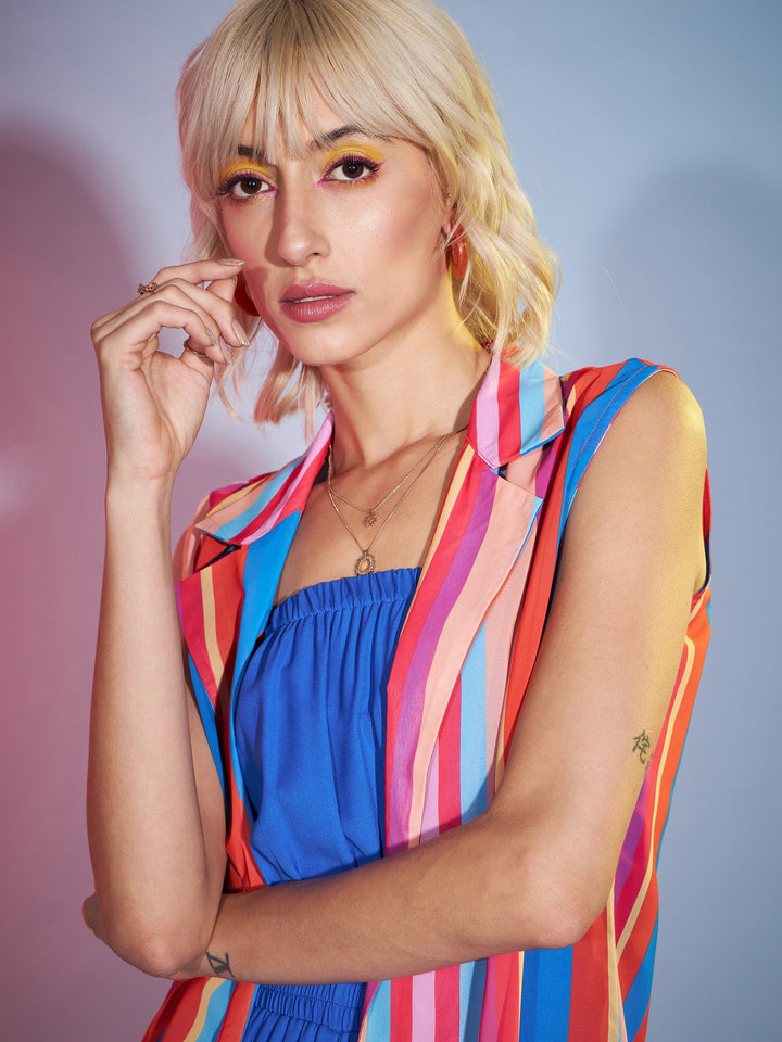 Women's Blue Bardot Jumpsuit With Multi Stripe Shrug - SASSAFRAS