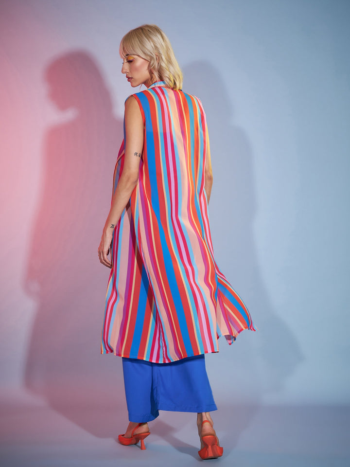 Women's Blue Bardot Jumpsuit With Multi Stripe Shrug - SASSAFRAS