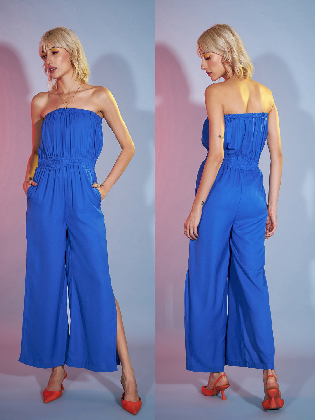 Women's Blue Bardot Jumpsuit With Multi Stripe Shrug - SASSAFRAS