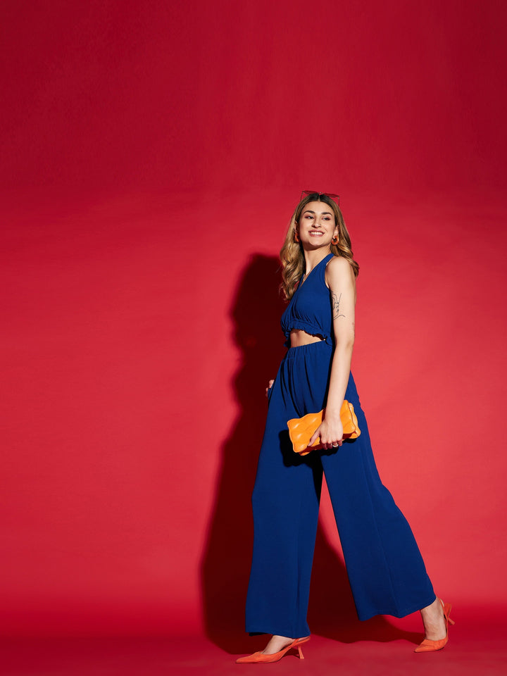 Women's Blue Knitted Halter Neck Jumpsuit - SASSAFRAS
