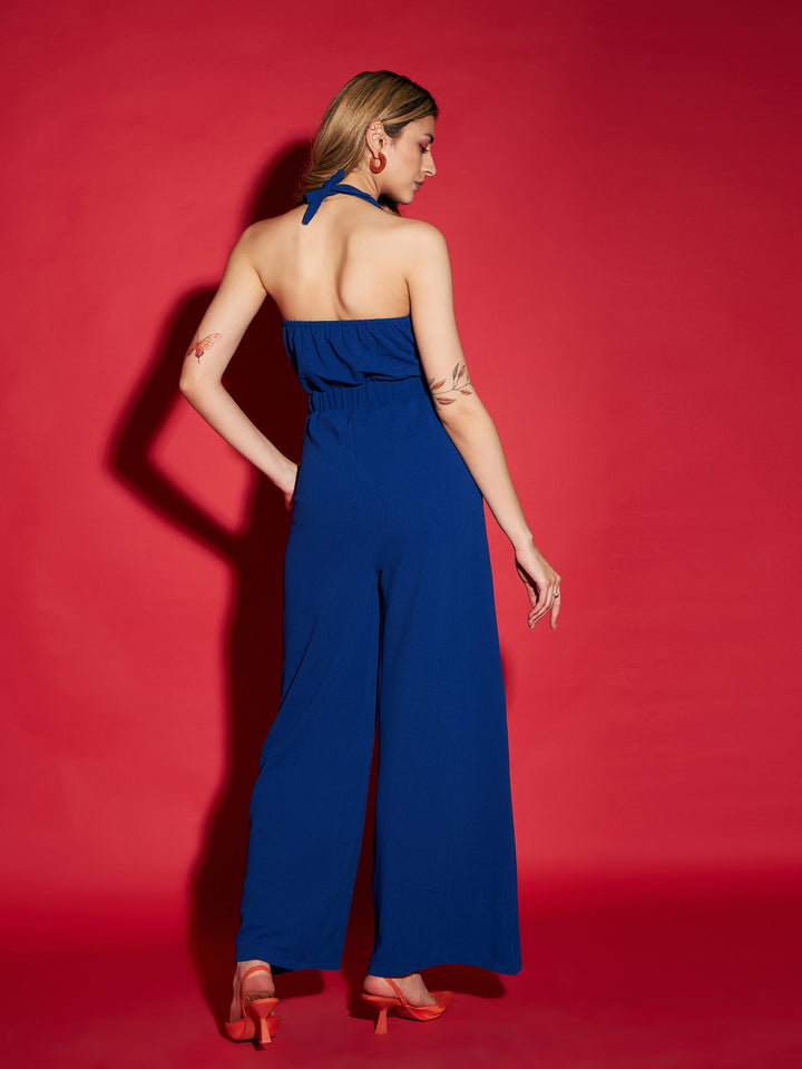 Women's Blue Knitted Halter Neck Jumpsuit - SASSAFRAS