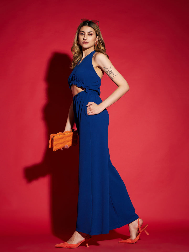Women's Blue Knitted Halter Neck Jumpsuit - SASSAFRAS