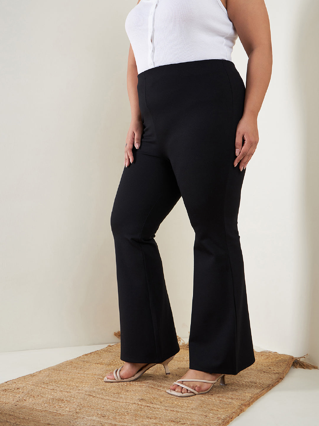 Women's Black Bell Bottom 4-Way Stretch Trousers - SASSAFRAS