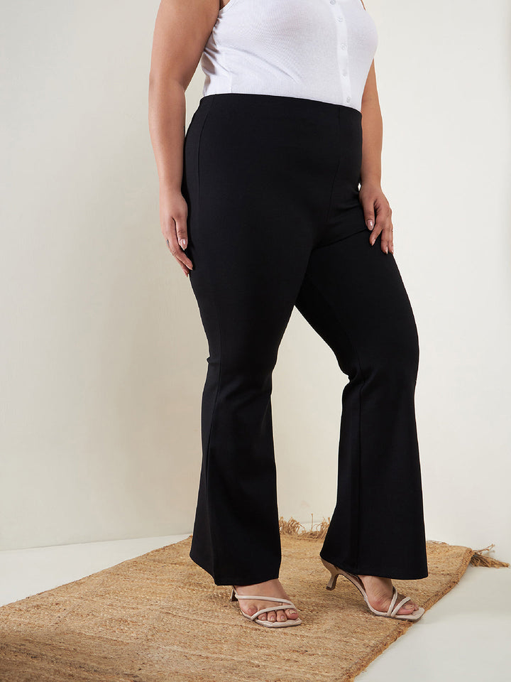 Women's Black Bell Bottom 4-Way Stretch Trousers - SASSAFRAS